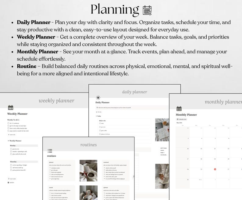 May include: A collection of digital planners, including daily, weekly, and monthly options, with a focus on organization and routine. The image features a clean, minimalist design with text descriptions of each planner's features.