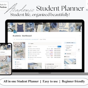 Pode incluir: Um laptop e um smartphone exibindo uma interface de planejador acadêmico digital para estudantes. A tela mostra um painel com tarefas, metas acadêmicas e cursos. O texto na tela diz "Academic Student Planner" e "Student life, organized beautifully!"