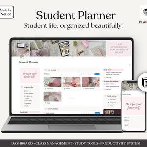 May include: A laptop and smartphone display a student planner interface with the text "Student Planner" and "Do it for your future self." The interface includes class schedules, daily tasks, and quick actions. The image also includes the text "Student life, organized beautifully!"