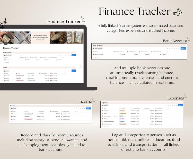 May include: A digital finance tracker displayed on a laptop screen and in separate table views. The interface includes sections for Bank Account, Income, and Expenses, featuring columns for categories, transaction dates, and calculated balances.