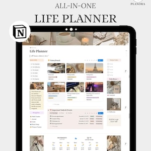May include: A digital life planner displayed on a tablet. The screen shows a detailed planner interface with sections for tasks, events, and a vision board. The text includes "ALL-IN-ONE LIFE PLANNER" and "SIMPLYFY YOU WHOLE LIFE."
