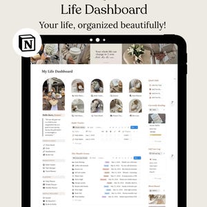 Könnte beinhalten: Eine digitale Notion-Lebens-Dashboard-Vorlage auf einem Tablet-Bildschirm. Die Benutzeroberfläche enthält Abschnitte für Gewohnheitsverfolgung, Terminplanung und Zielmanagement mit einer neutralen Farbpalette, bogenförmigen Symbolen und Text.