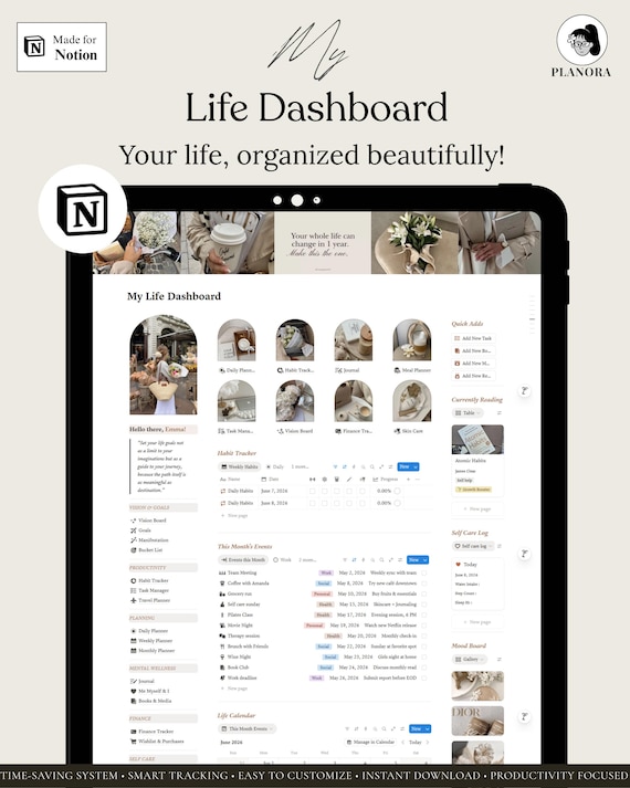 2026 All In One Life Planner Minimal Notion Dashboard Template Aesthetic Daily Personal Planner for ADHD Notion Template Digital Planner