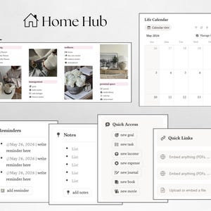 May include: Digital planner interface with the text "Home Hub" and various sections including planning, wellness, and reminders. Features a calendar view for May 2026, quick access options, and note-taking capabilities. The design is minimalist with a light color scheme.