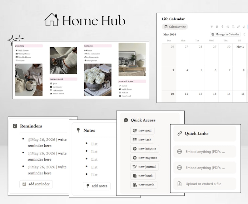 May include: Digital planner interface with the text "Home Hub" and various sections including planning, wellness, and reminders. Features a calendar view for May 2026, quick access options, and note-taking capabilities. The design is minimalist with a light color scheme.