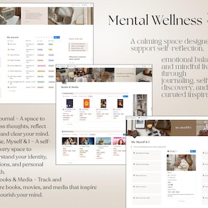 May include: A digital template for mental wellness featuring sections for journaling, books, media, and self-discovery. The layout includes text headers like Mental Wellness, Journal, Books & Media, and Me, Myself & I, with organized tables, lists, and placeholders for images and personal reflections in a neutral beige and white color palette.