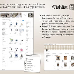 May include: A digital template for a wishlist and purchase tracker featuring a dashboard with sections for gift ideas, a to-buy list, brands, and stores. The interface includes navigation menus, item lists with thumbnails, and text labels for organization.