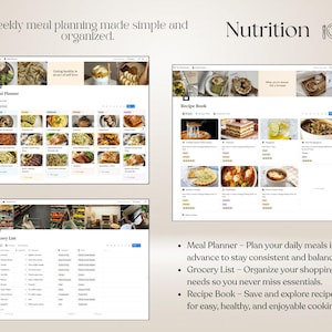 May include: A digital meal planning dashboard featuring a Meal Planner, Recipe Book, and Grocery List. The interface displays organized food images, recipe cards with ratings, and categorized shopping lists with text headers and icons.