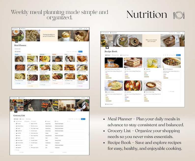May include: A digital meal planning dashboard featuring a Meal Planner, Recipe Book, and Grocery List. The interface displays organized food images, recipe cards with ratings, and categorized shopping lists with text headers and icons.