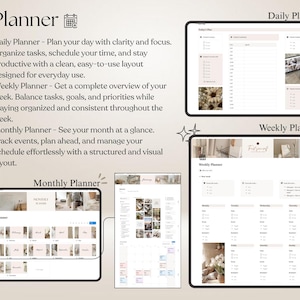 May include: A digital planner set featuring daily, weekly, and monthly layouts with a neutral color palette. The display includes text headers for Planner, Daily Planner, Weekly Planner, and Monthly Planner, alongside task lists, scheduling grids, and calendar views with integrated imagery.