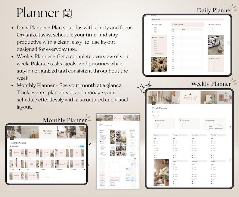 May include: A digital planner set featuring daily, weekly, and monthly layouts with a neutral color palette. The display includes text headers for Planner, Daily Planner, Weekly Planner, and Monthly Planner, alongside task lists, scheduling grids, and calendar views with integrated imagery.