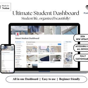 Op de afbeelding: Een laptop en smartphone tonen een student dashboard interface. Het scherm toont een digitale planner met secties voor cursussen, taken en navigatie. Tekst bevat "Ultimate Student Dashboard" en "All in one Dashboard | Easy to use".
