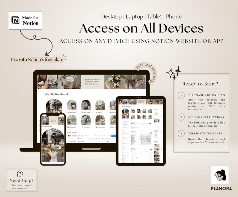 May include: A digital Notion template dashboard displayed on a laptop, tablet, and smartphone. The interface features a neutral aesthetic with arched image frames and text labels. The graphic includes instructions for purchase, download, and setup.