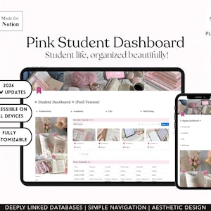 May include: A digital pink student dashboard displayed on a tablet and smartphone. The dashboard features a clean, organized layout with sections for productivity, academics, and well-being. Text includes "Pink Student Dashboard" and "Student life, organized beautifully!"