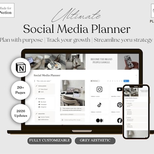 Pode incluir: Um modelo digital de planejador de redes sociais para Notion exibido em uma tela de laptop e smartphone. A interface apresenta uma estética cinza com seções para visualização, planejamento e rastreamento de conteúdo, incluindo 20+ páginas.