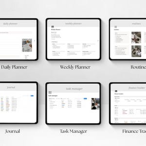 May include: A collection of digital planner templates displayed on tablets. The screens showcase various layouts, including a daily planner, weekly planner, routines, journal, task manager, and finance tracker. Each screen has a clean, minimalist design with a white background and black text.