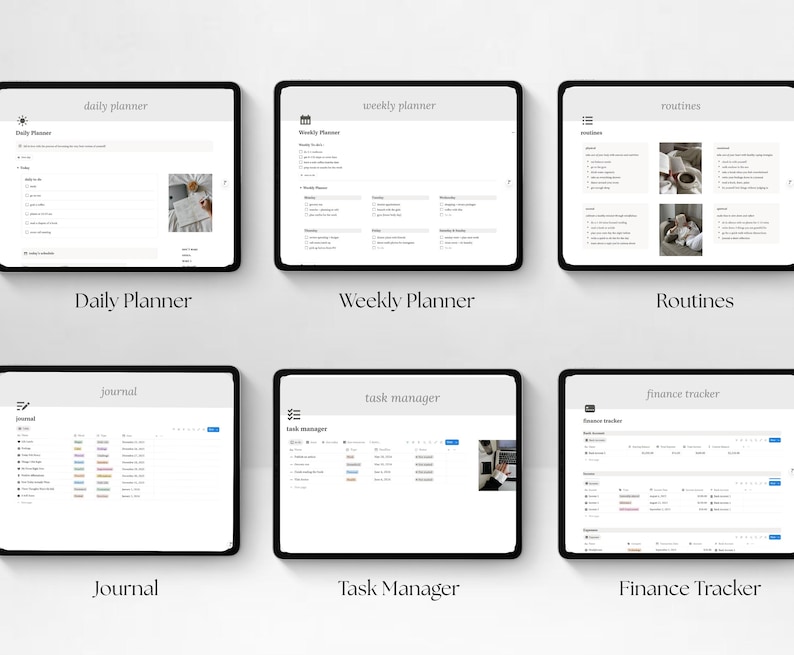 May include: A collection of digital planner templates displayed on tablets. The screens showcase various layouts, including a daily planner, weekly planner, routines, journal, task manager, and finance tracker. Each screen has a clean, minimalist design with a white background and black text.