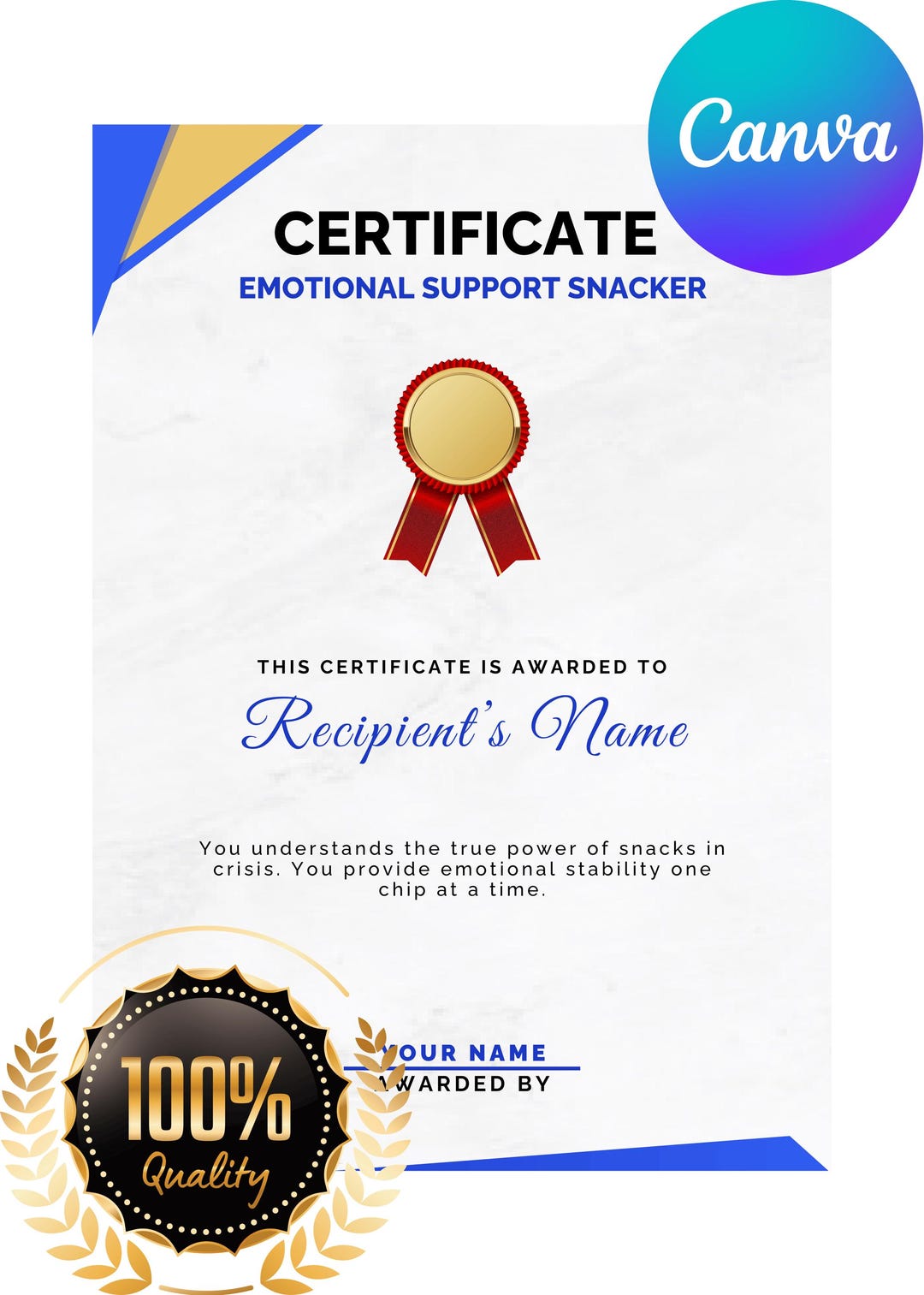 Emotional Support Snacker Certificate – Funny Printable Gag Award ...