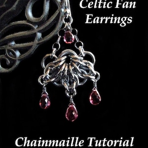 May include: Silver Celtic fan earrings with pink gemstone drops. Chainmaille tutorial.