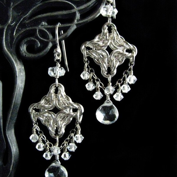 Byzantine Diamond Chainmaille Earrings with White Topaz and Crystal