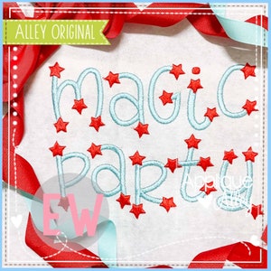 May include: Embroidered design of the words "magic party" in light blue with red stars around the letters.
