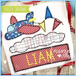 May include: A red, white, and blue airplane with a yellow lightning bolt flies above a cloud with a banner that reads "LIAM". The airplane is surrounded by red, white, and blue pennants.