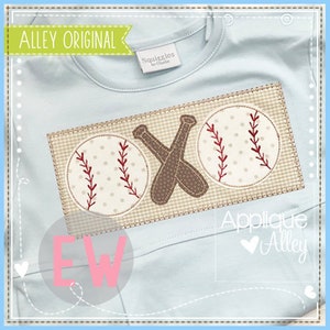 May include: A light blue t-shirt with a baseball-themed applique. The applique features two baseballs with red stitching and two brown crossed baseball bats. The applique is surrounded by a white and brown checkered border.