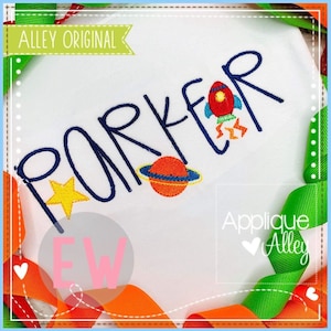 May include: Embroidered design of the name "Parker" in blue cursive lettering with a yellow star, a red rocket, and a red planet with a blue ring. The design is on a white fabric background.