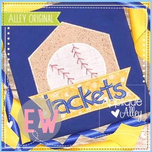 May include: A blue and yellow fabric applique with a baseball and the word "Jackets" in blue lettering. The applique is on a blue background with white polka dots. The text "Applique Alley" is in the lower right corner.