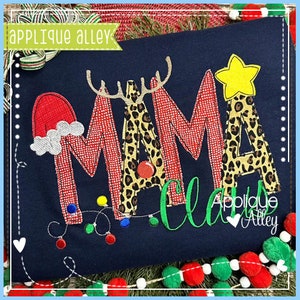 May include: Navy blue Christmas-themed design with the word "MAMA" in red plaid and leopard print, adorned with a Santa hat, antlers, and a yellow star. A string of colorful lights and the words "Claus" and "Applique Alley" are also present.