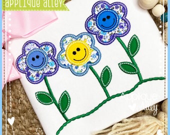 Satin Smiley Flower Trio   - Quick Stitch - Embroidery Digital Design for Boys and Girls - SKU AAEH7978