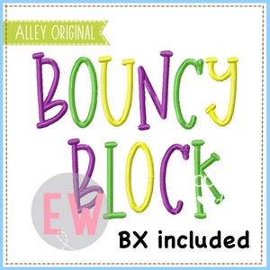 May include: A digital design with the words "BOUNCY BLOCK" in a playful, colorful font. The text is in purple, green, and yellow, with the words "BX included" at the bottom. The design also includes the text "ALLEY ORIGINAL".