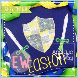 May include: A blue background with a yellow and gray shield, two swords, and the name Easton in yellow letters. The text "Applique Alley" is in the bottom right corner.