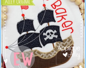 May include: Embroidered design of a black pirate ship with a skull and crossbones on the sail. The ship is on a brown wooden hull. The name "Baker" is embroidered in red above the ship. The design is on a white fabric background.