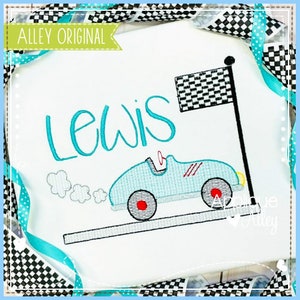 May include: Embroidered design featuring a blue race car with a chequered flag, a puff of smoke, and the name "Lewis" in a turquoise script font.