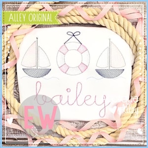 May include: Embroidered design featuring two sailboats, a life preserver, and the name "bailey" in pink thread. The design is on a white fabric background.