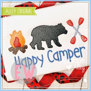 May include: Embroidered design featuring a black bear, a campfire, and crossed paddles. The text "Happy Camper" is stitched in blue thread.