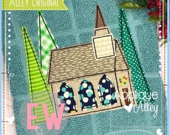 May include: A teal textured kitchen towel featuring an applique design of a church building with a brown roof, three dark blue windows with white polka dots, and a small wreath. Three green patterned trees flank the church structure.
