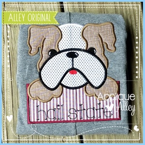 Satin Stitch Nameplate Holding Bulldog Applique Embroidery Digital Design for School