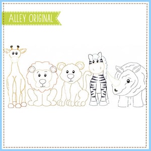 Puede incluir: Una línea de cinco animales de dibujos animados, incluyendo una jirafa, un león, un tigre, una cebra y un rinoceronte, todos en blanco y negro. El texto "ALLEY ORIGINAL" está en la parte superior de la imagen.