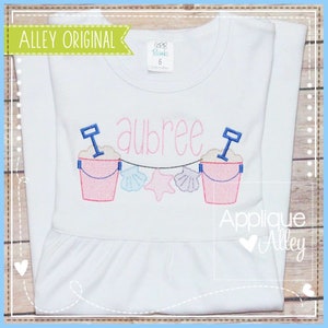 Scratchy Beach Bucket Sand Pail Bunting String Embroidery Digital Design