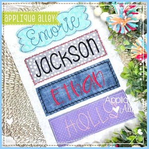 May include: Five embroidered name tags with different designs. The names are "Emorie", "Jackson", "Ethan", "Holly", and "Applique Alley".