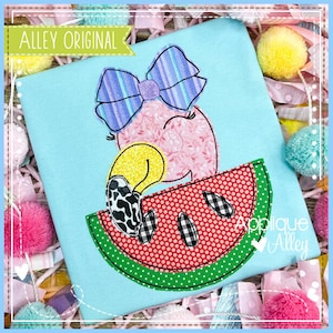 Vintage Flamingo Gesicht Mädchen mit Wassermelone - Stickdatei - SKU# AAEH