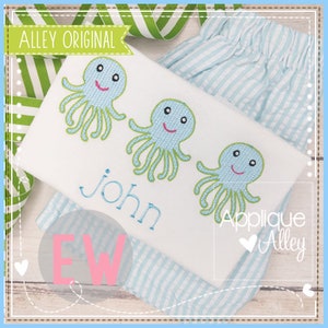 Scratchy Squid Trio  - Digital Applique Embroidery Design - vintage