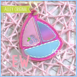 Beaded Satin Floral Sailboat Bag Tag  - In the Hoop - Digital Design for use with Embroidery Machine
