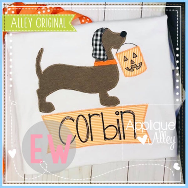 ZZ Dachshund with Halloween Bag_ Quick Stitch -Applique Embroidery Digital Design for Boys and Girls