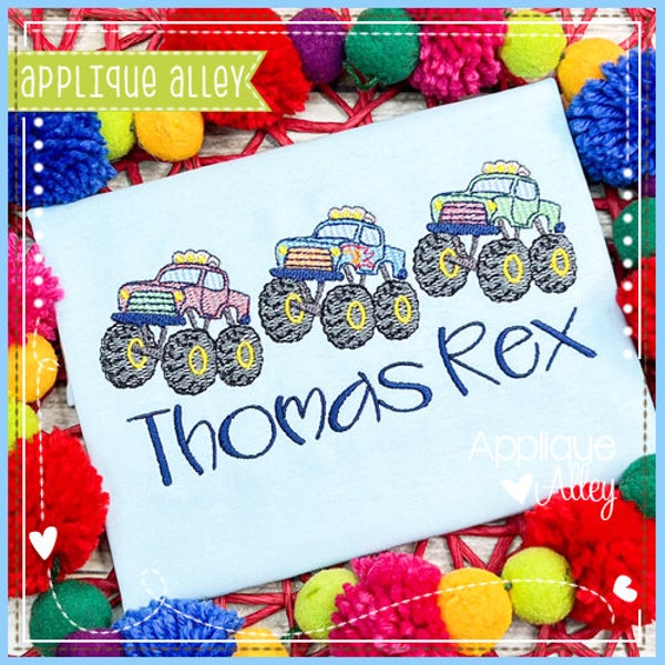 Scratchy Crushin' Monster Truck Trio - Digital Embroidery/ Applique Design - SKU AAEH - truck crush tires rally car