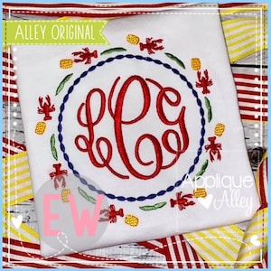 May include: A white fabric with a red, blue and green embroidered design of a circle with a monogram "L.P.G." in the centre. The circle is surrounded by a wreath of crawfish, corn and leaves. The text "Alley Original" is in the top left corner and "Applique Alley" is in the bottom right corner.
