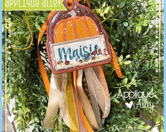 In the Hoop Bag Tag Pumpkin With Nameplate - Digital Embroidery/ Applique Design - SKUAAEH8793