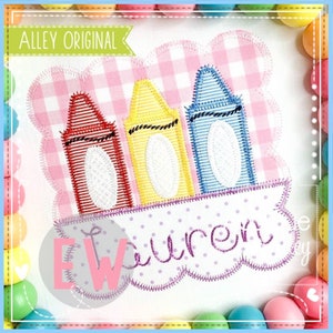 May include: Embroidered patch featuring three crayons in red, yellow, and blue. The design includes the name "Lauren" in cursive script, set against a pink gingham background. The text "ALLEY ORIGINAL" is also present.
